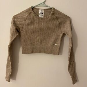 Lilias Active Beige Ribbed Long Sleeve Crop Top and Full Length Leggings